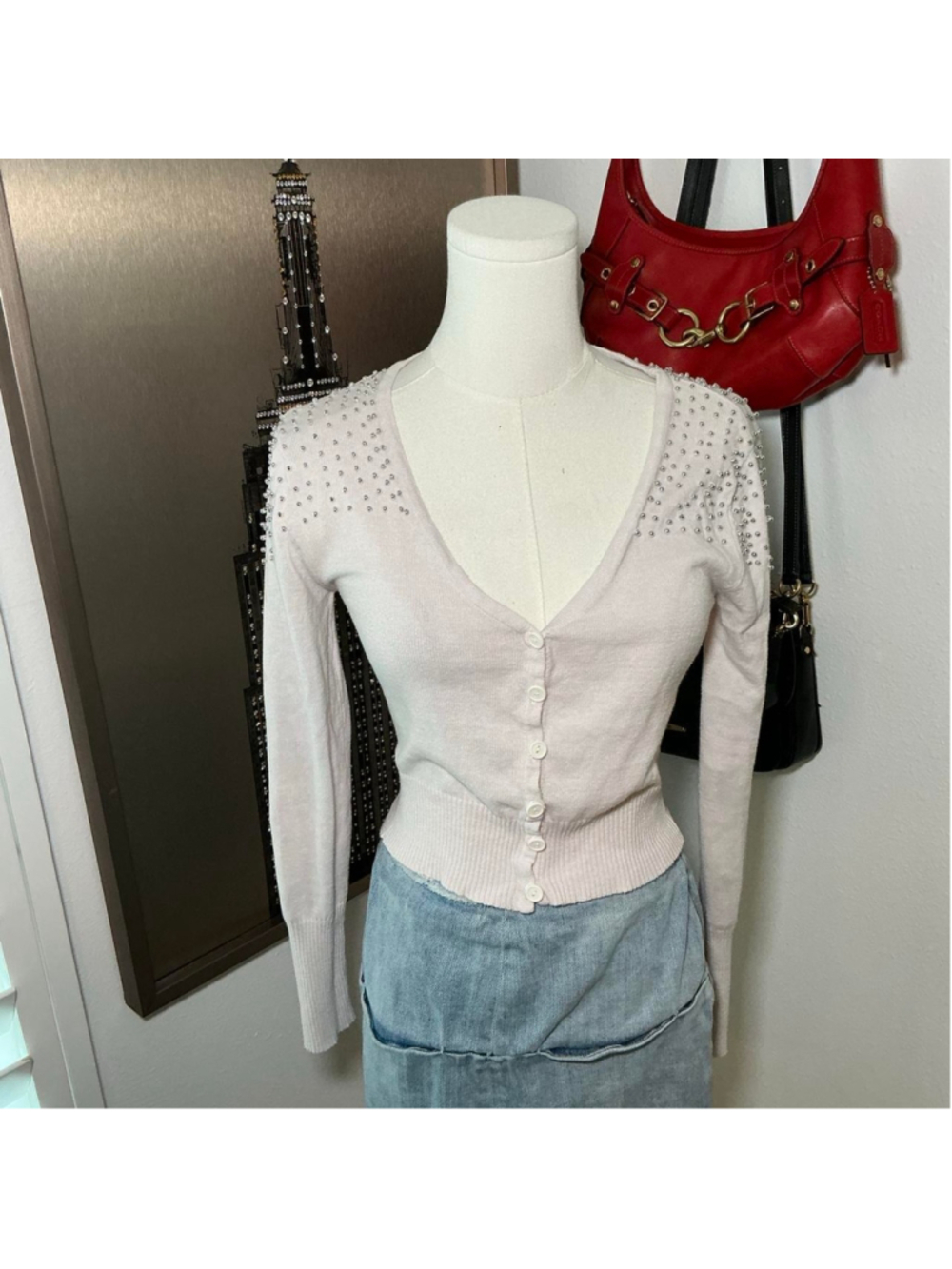 Envegate Cream Pearl Beaded Button Front Cardigan Size M